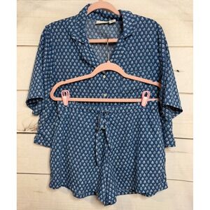 Haute Hippie Style Women Blue Medallion Print Button Down Shirt and Shorts Set M